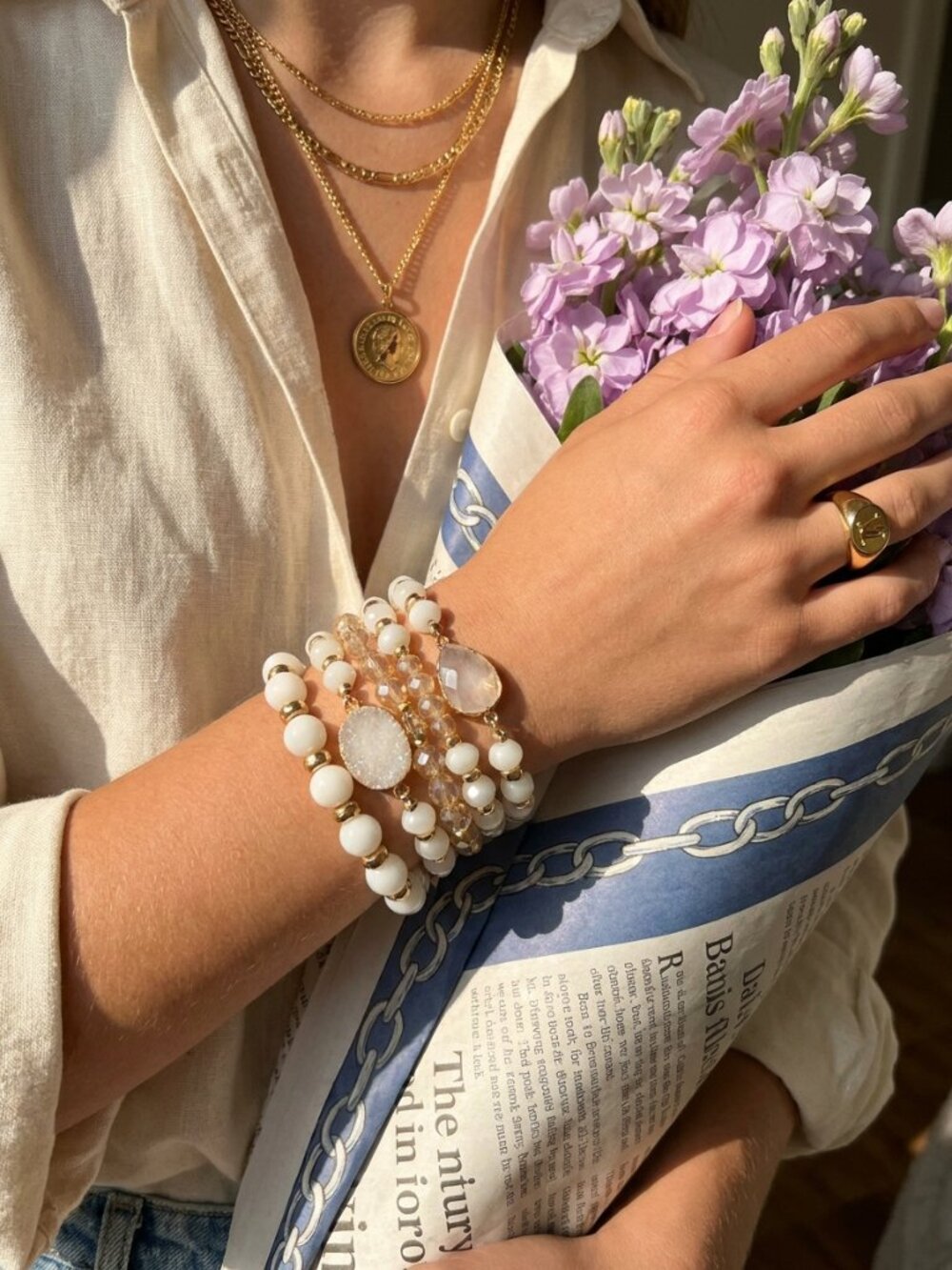 NIB Nicole Miller Gold and White Stacked Bracelets Beaded Bohemian Beach Vacay